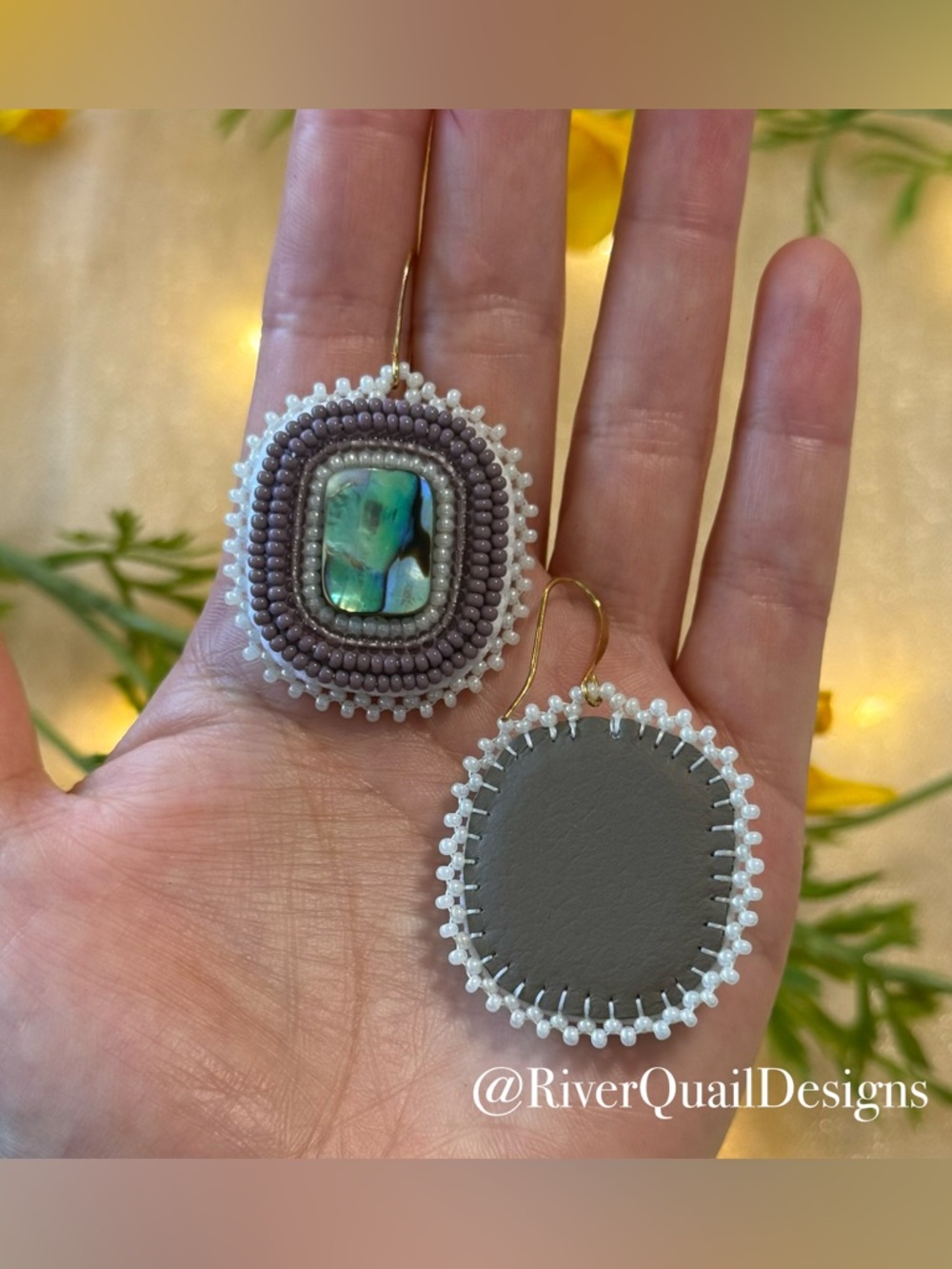 Handmade Purple Beaded Earrings With Abalone Shell. Native Made, Indigenous Art - Picture 2 of 3